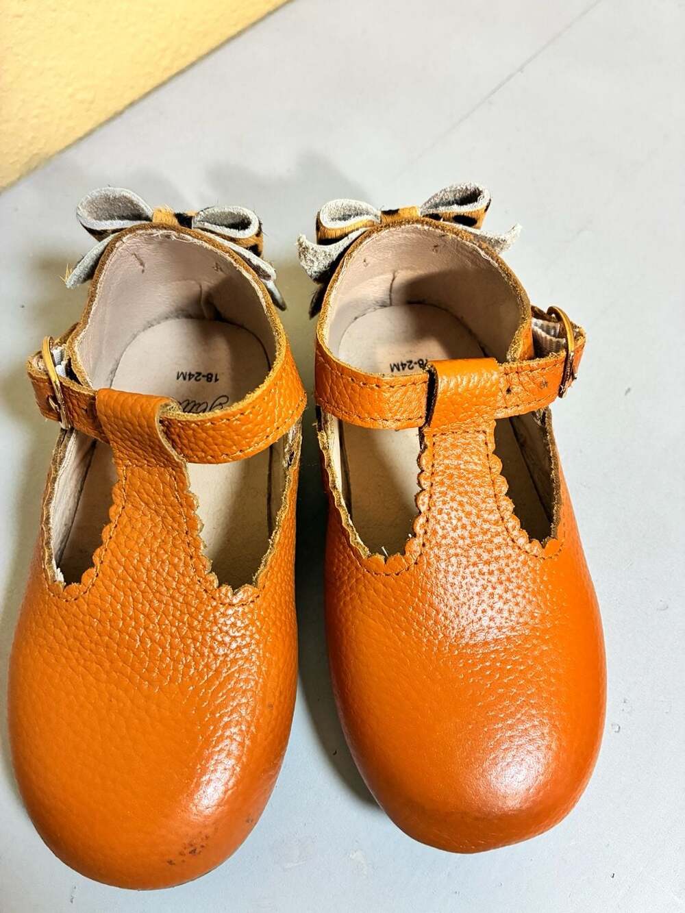 Dash of Glitter Orange Leather T-Bar Shoes with Leopard Bow Size 18-24M